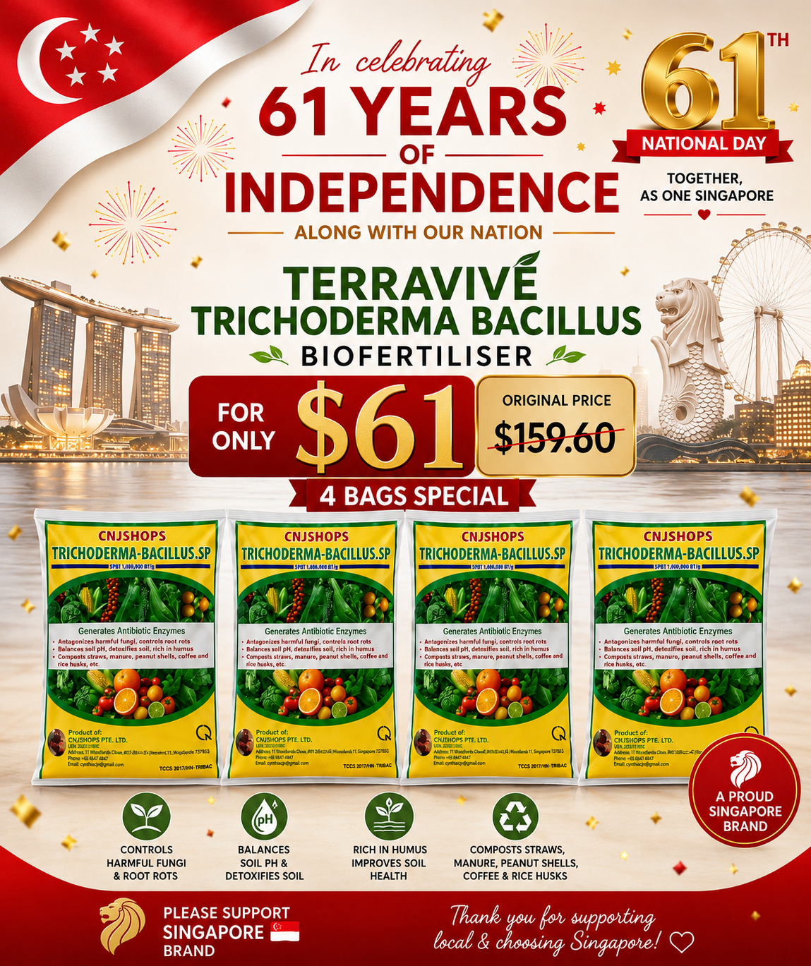 TERRAVIVÉ National Day Special | 4 × 1kg Biofertiliser Bags for $61